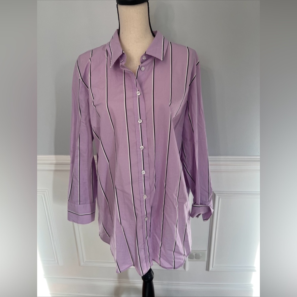Talbots Women’s Button Up Lavender Purple Striped Shirt Size XL 100% Cotton